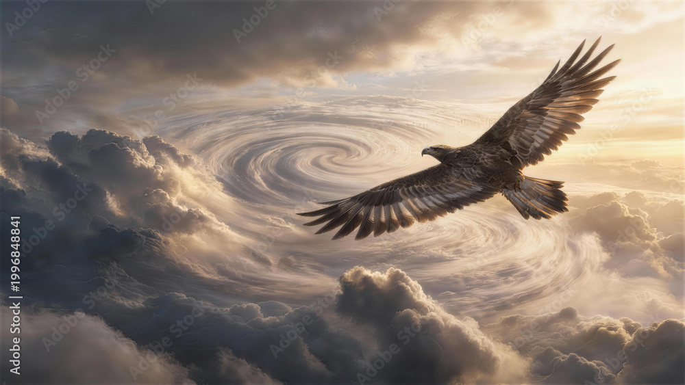 Obraz premium Soaring Eagle Amidst the Storm: A majestic eagle, a symbol of freedom and strength, gracefully navigates a dramatic sky filled with swirling storm clouds and rays of sunlight.