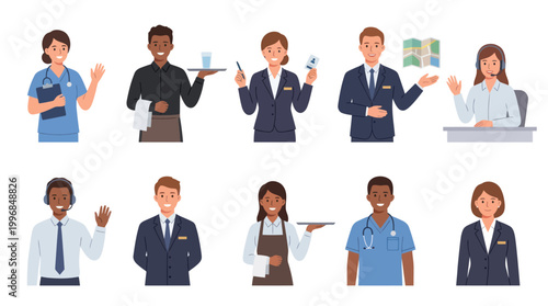 Diverse professionals in flat vector art, representing hospitality, healthcare, travel, and customer service