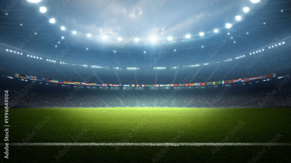 Fototapeta premium Football stadium with national flags at night. An imaginary stadium is modelled and rendered.