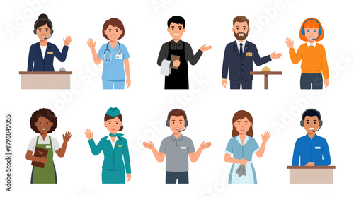 Diverse Customer Service Professionals Greeting, Flat Vector Illustration