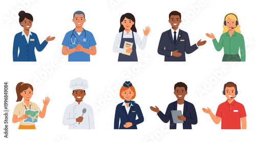 Diverse professionals in flat style vector illustrations, icons set
