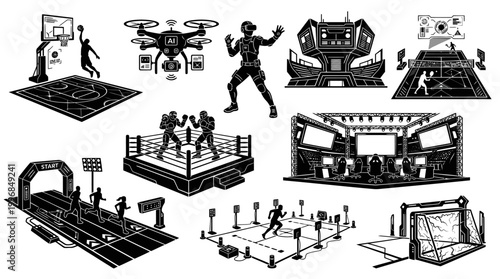 Esports  Sports Technology Vector Set: VR, AI, Robotics and Competitive Games Black Line Art