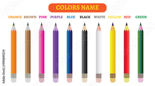 Vibrant colors name educational pencil chart for kids learning.