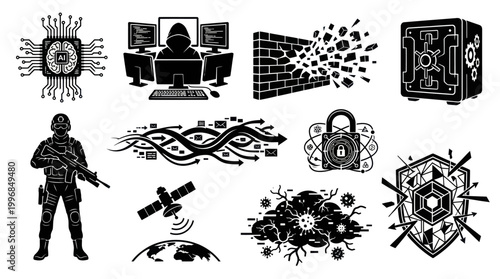 Cybersecurity Technology Icons Set: Digital Security  Warfare Glyphs - Black  White