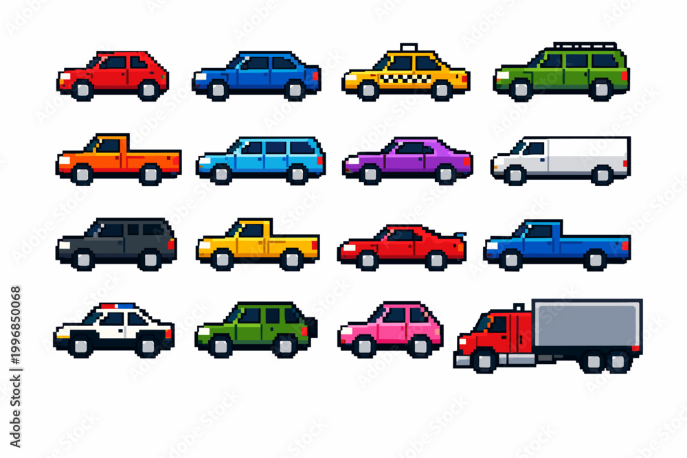 Naklejka premium Gallery of 16 Multi-Hued Low-Resolution Motorized Vehicles. Vintage Console Aesthetic Depicting Cabs, Patrol Cruisers, Delivery Vans, Flatbeds, and Haulers for Digital Interfaces.