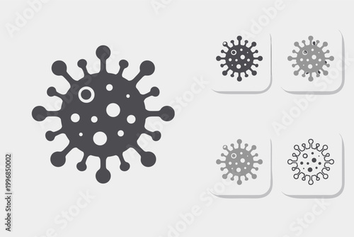 Set of Grey Virus Icons Isolated on Grey Background. Coronavirus 2019-nCoV, Bacteria, Germs, and Microorganism Cell Symbols for Medical and Healthcare Design. Vector Illustration of Pathogens.