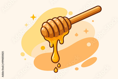Wooden honey dipper stick dripping sweet golden liquid nectar on a simple flat abstract background, organic healthy food ingredient vector illustration for kitchen, bakery, and wellness designs