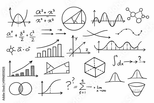 Hand-drawn collection of mathematical equations, geometric diagrams, and scientific formulas on white background. Includes algebra, calculus, physics, chemistry, and statistics doodle sketches for