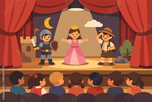 Kids Performing in a School Theater Play on Stage with Red Curtains, a Princess, Knight, and Explorer Acting for an Audience of Classmates, Vector Illustration of Children Drama Performance Art