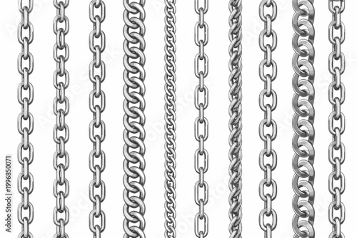 Set of silver chain seamless borders with vertical metal links. Polished steel pattern brushes for jewelry, marine, and industrial design. Chrome metallic link collection on white background.