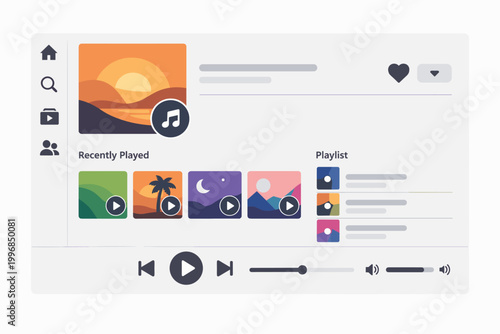 Modern Music Streaming App Interface Mockup Template with Playback Controls, Playlist, and Recently Played Sections. Flat Vector Illustration of a Digital Audio Player Dashboard UI Design.
