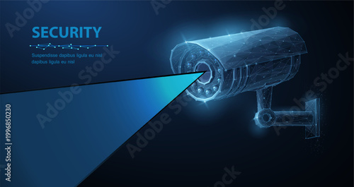 Security camera. Vector low pole illustration. Isolated on blue. Security system, smart home, cctv concept.
