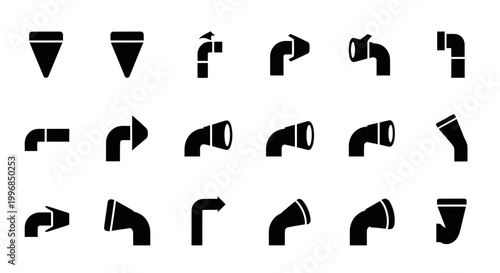 20 Black Pipe Fitting Icons, Plumbing Symbols, Vector Plumbing Elements, Pipe Connection Signs