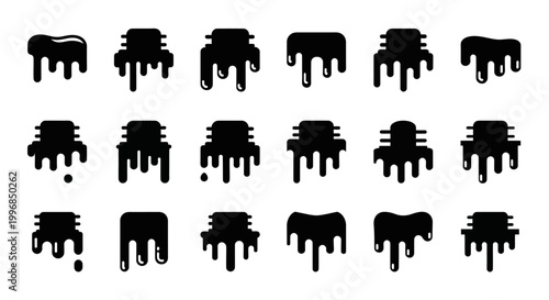 Black dripping paint icons, liquid splatter graphics, meltdown symbols, abstract blobs