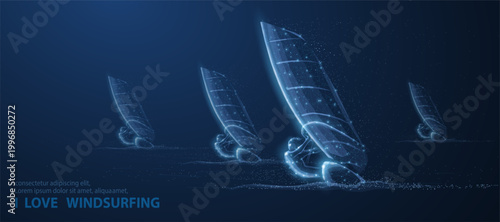 Windsurfing. Man on sailboard surfing on the sea. Extremal sport activity, sailing windsurf, vacation on ocean, outdor adventure, fun rest, speed and power concept. Abstract low pole illustraition.