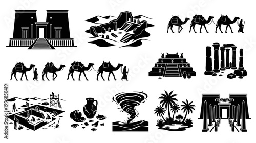 Archaeology  Ancient History Glyph Vector Icons: Ancient Civilization Elements  Desert Scenes