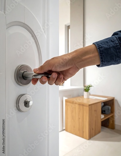 Close-up of a hand opening a bright white door with a silver handle. A wooden side table is in the background
