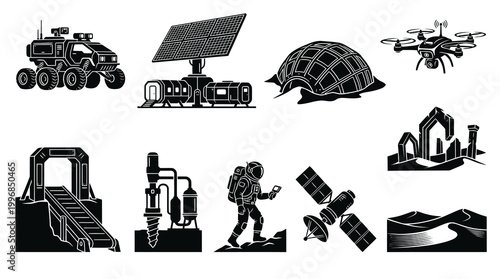 Black  White Space Exploration Icons Set: Mars Colonization  Advanced Technology Glyphs