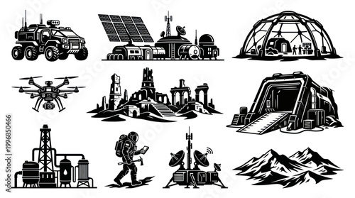 Space Exploration  Sci-Fi Technology Vector Set with Bases, Rover, Drone, Astronaut  Domes
