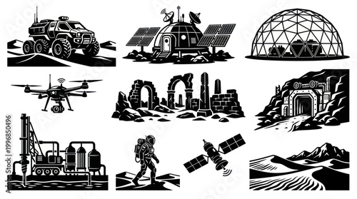 Black  White Vector Line Art Set: Space Exploration, Futuristic Technology, Sci-Fi Elements  Icons