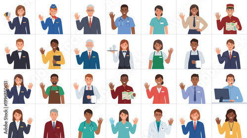 Diverse professionals waving hello, flat vector illustration, job diversity