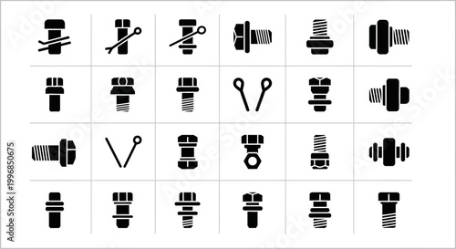 Industrial pipe, plumbing, and valve icons, 25 black and white symbols