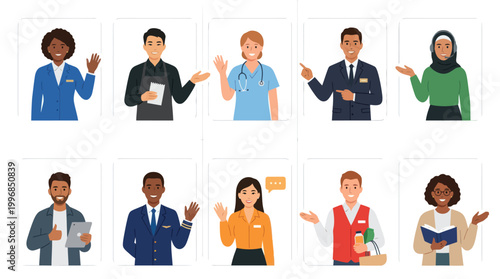 Diverse professionals in flat illustration style waving hello