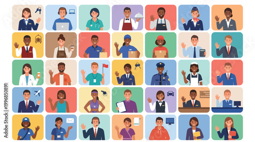 Diverse professionals in flat style, representing various industries