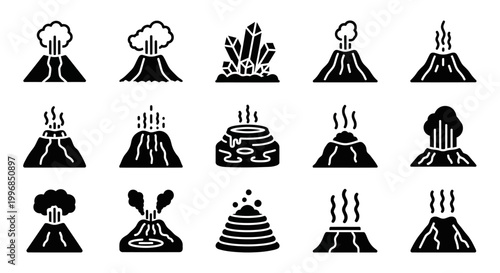 Volcano icons, volcanic eruption symbols, black vector graphics, geology illustrations, 20 volcano graphics