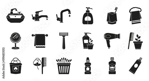 Black cleaning icons set, 20 household objects, vector graphics, cleaning tools, household items