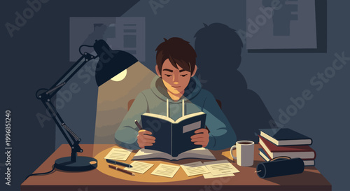 old man reading book and newspaper at desk in library and office study learning scene