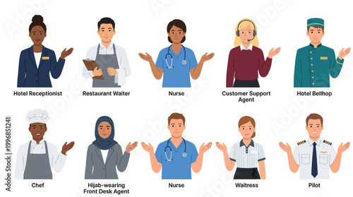 Diverse Professionals Flat Illustration Set - Hospitality, Medical, Aviation