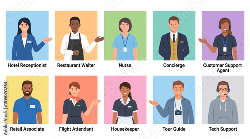 Diverse Professions: Flat Illustration of People in Various Jobs for Microstock