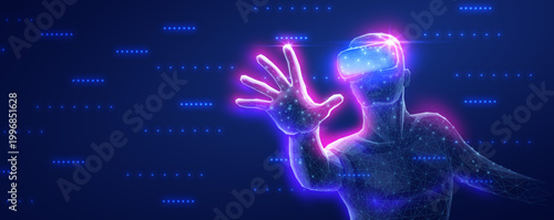 A man using a VR device for an immersive virtual experience. Virtual reality, 3D experience, augmented reality, AI technology, entertainment industry, educational 3d, futuristic learning