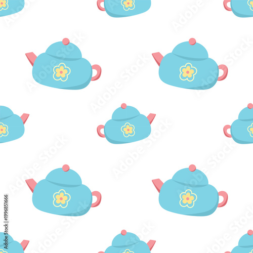 Blue teapot seamless pattern with yellow flower