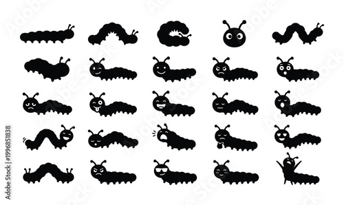 Tableau sur toile Cute Caterpillar Icons Set, Black Silhouettes of Crawling Larvae with Expressive