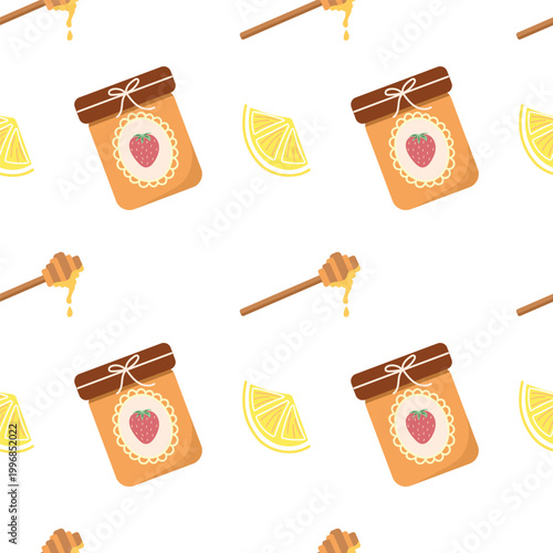 Honey and strawberry jam seamless pattern background
