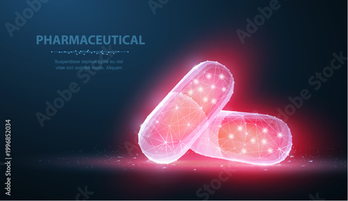 Pills. Abstract polygonal wireframe two red capsule pills on blue. Medical, pharmacy, health, vitamin, antibiotic, pharmaceutical, treatment concept illustration or background