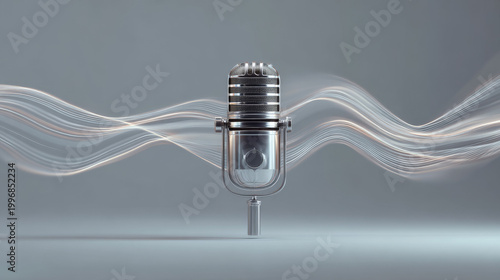 Stationary studio microphone on a clean white minimal background with smooth abstract sound wave lines. Modern audio, podcast and broadcasting concept with copy space, professional versatile design