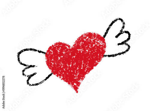 Crayon doodle heart with wings. Chalk texture hand drawn red heart icon. Pencil love sign. Kid school crayon drawing. Scribble cute love shape. Vector illustration isolated on white background.