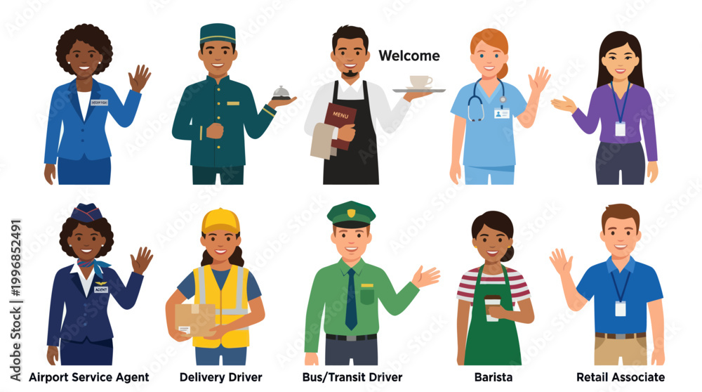 Fototapeta premium Diverse professions represented by diverse characters in a flat illustration style.