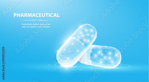 Pills. Abstract polygonal 3d wireframe two capsule pills on blue. Medical, pharmacy, health, vitamin, antibiotic, pharmaceutical, treatment concept illustration or background