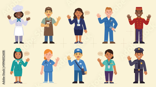 Diverse professionals waving, flat design vector illustration of careers