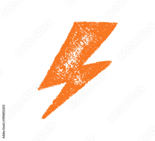 Doodle crayon lightning symbol. Hand drawn chalk lightning with grunge texture. Graphic element for fun collages. Crayon doodle thunder. Vector pencil illustration isolated on white background.