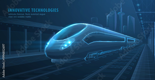 Fast express passenger train on city station. Futuristic technology. Railway station. Future digital urban infrastructure. Modern town cityscape. 3d abstract railroad travel concept