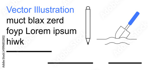 Education, creativity, technical drawing, construction, design workflow, minimalism. A pen, text block lines and a shovel in soil. Education and creativity concept