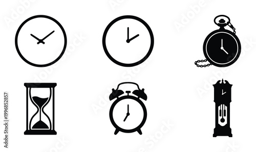 Photos Classic Timekeeping Icons Set: Analog Clocks, Pocket Watch, Hourglass, Alarm Clo