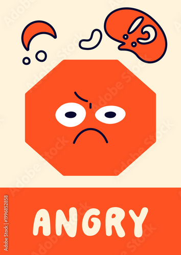 Poster with red geometric figure face. Cute colorful hexagon shape with angry expressing.