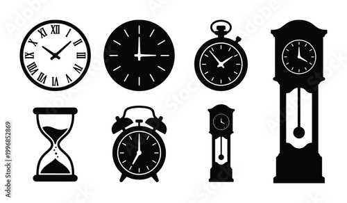 Foto Timekeeping Icons Collection: Vintage Grandfather Clock, Pocket Watch, Hourglass