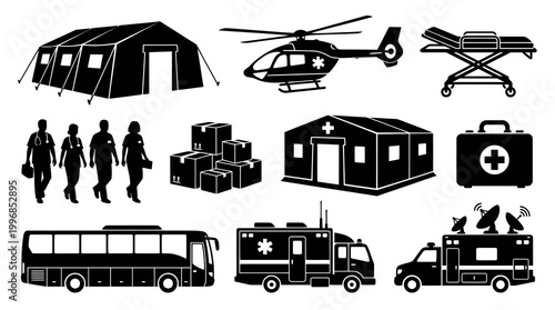 Medical Emergency Services Vector Icons: Ambulance, Helicopter, Tent, Stretcher
